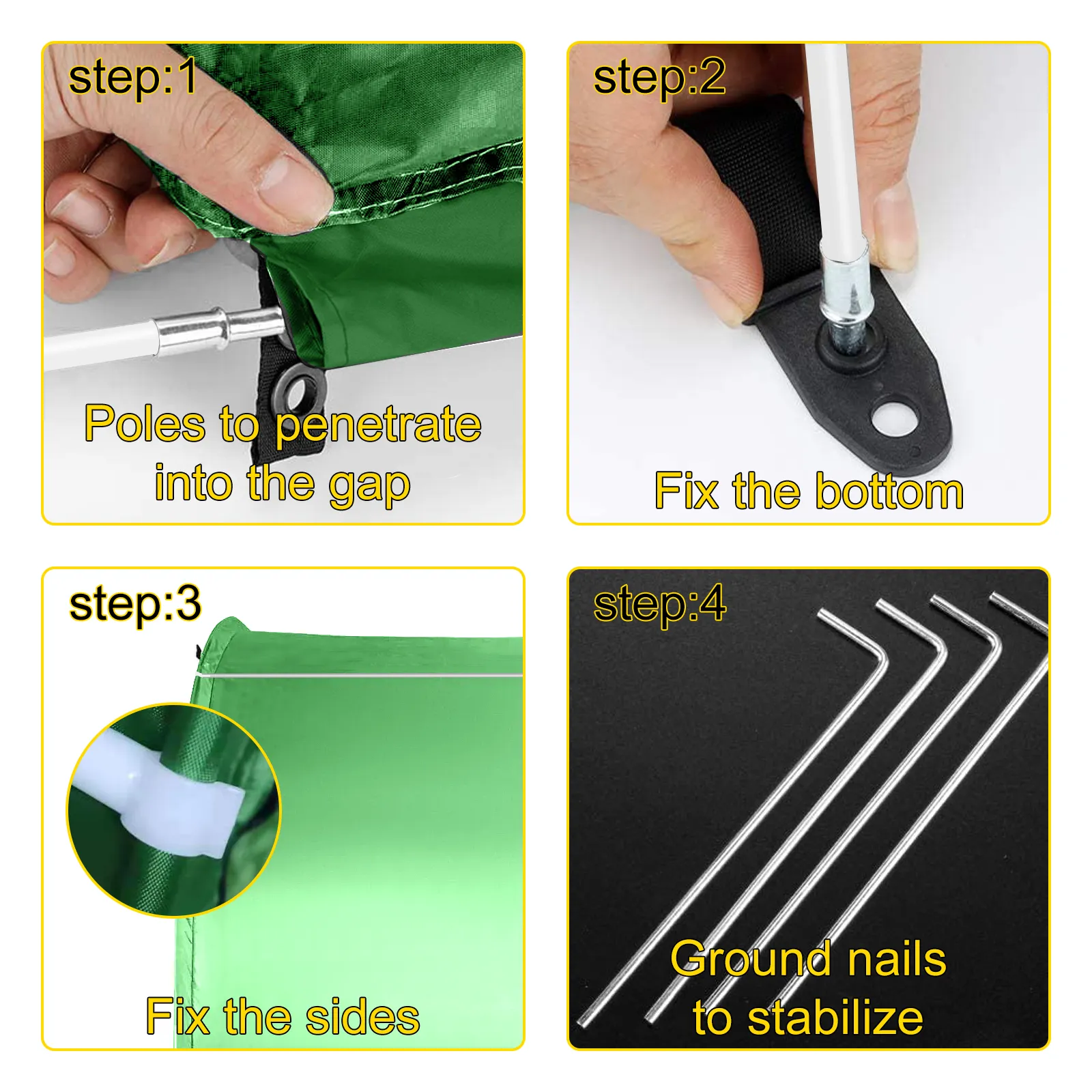 VEVOR bike cover storage tent assembly steps: insert poles, fix bottom, sides, and ground nails.