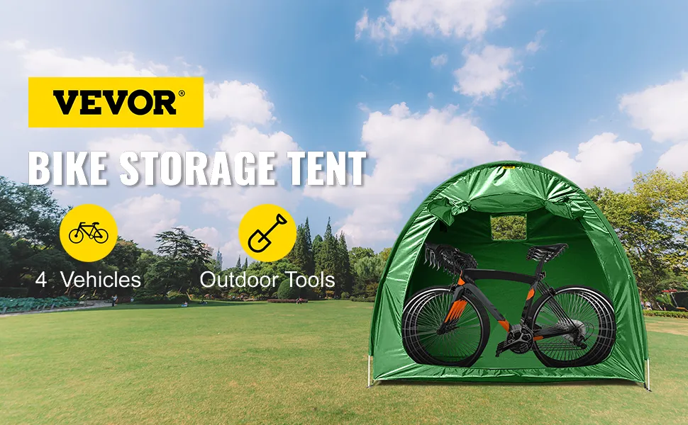 La funda para bicicleta VEVOR protege una bicicleta en una tienda de almacenamiento exterior verde bajo un cielo soleado.