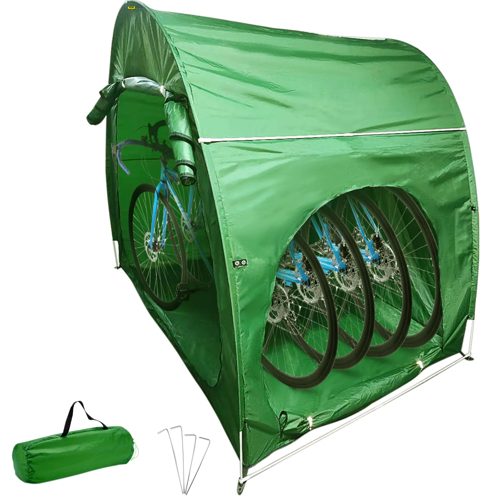 Funda para bicicleta VEVOR con refugio verde vibrante que se adapta a tres bicicletas, incluye bolsa y estacas.