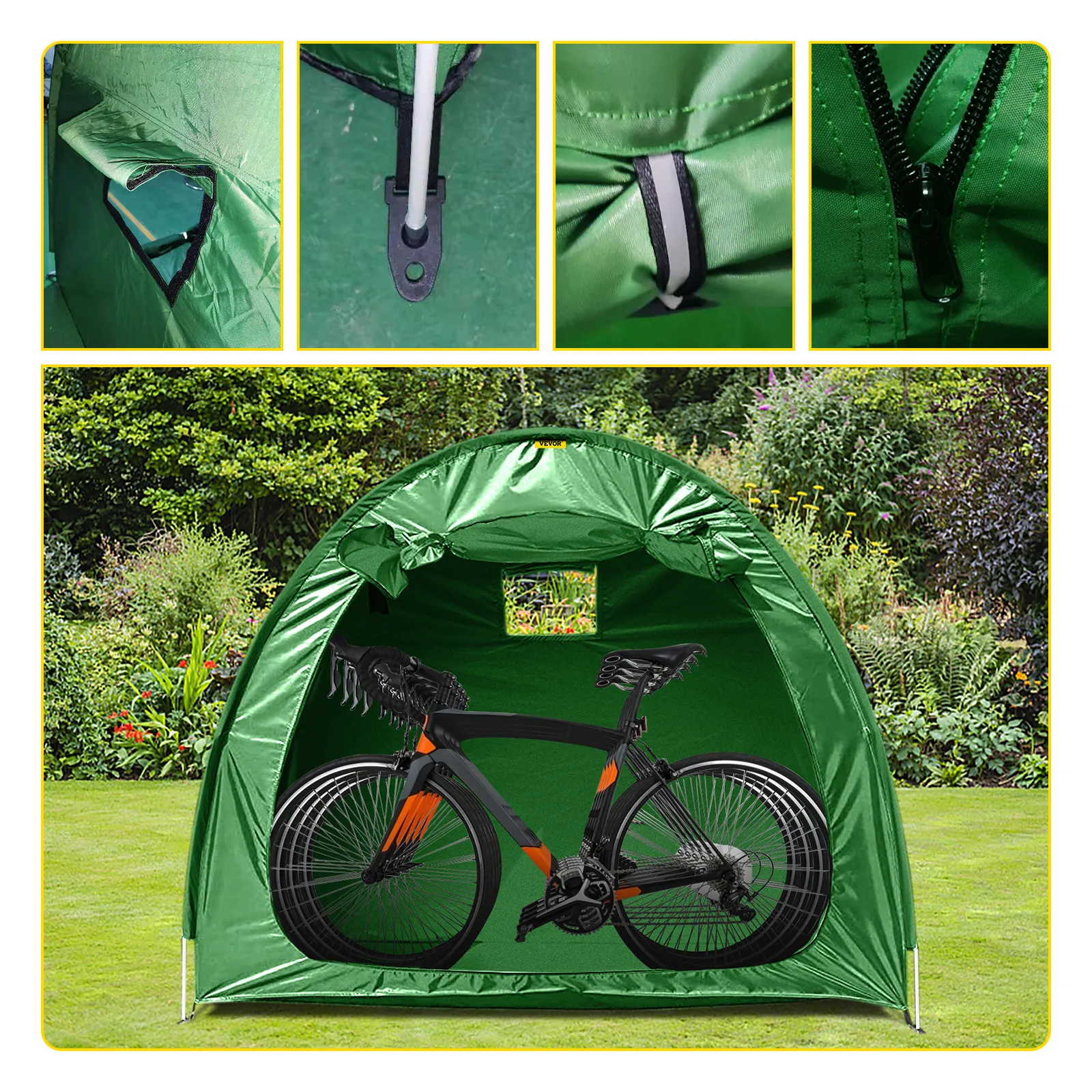 La funda para bicicleta VEVOR en forma de tienda de campaña verde protege una bicicleta negra y naranja con detalles en primer plano.