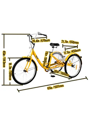 yellow VEVOR adult tricycle with basket and dimensions labeled in millimeters.