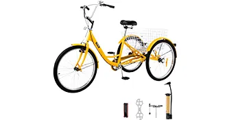 yellow VEVOR adult tricycle with rear basket and included tools on white background.