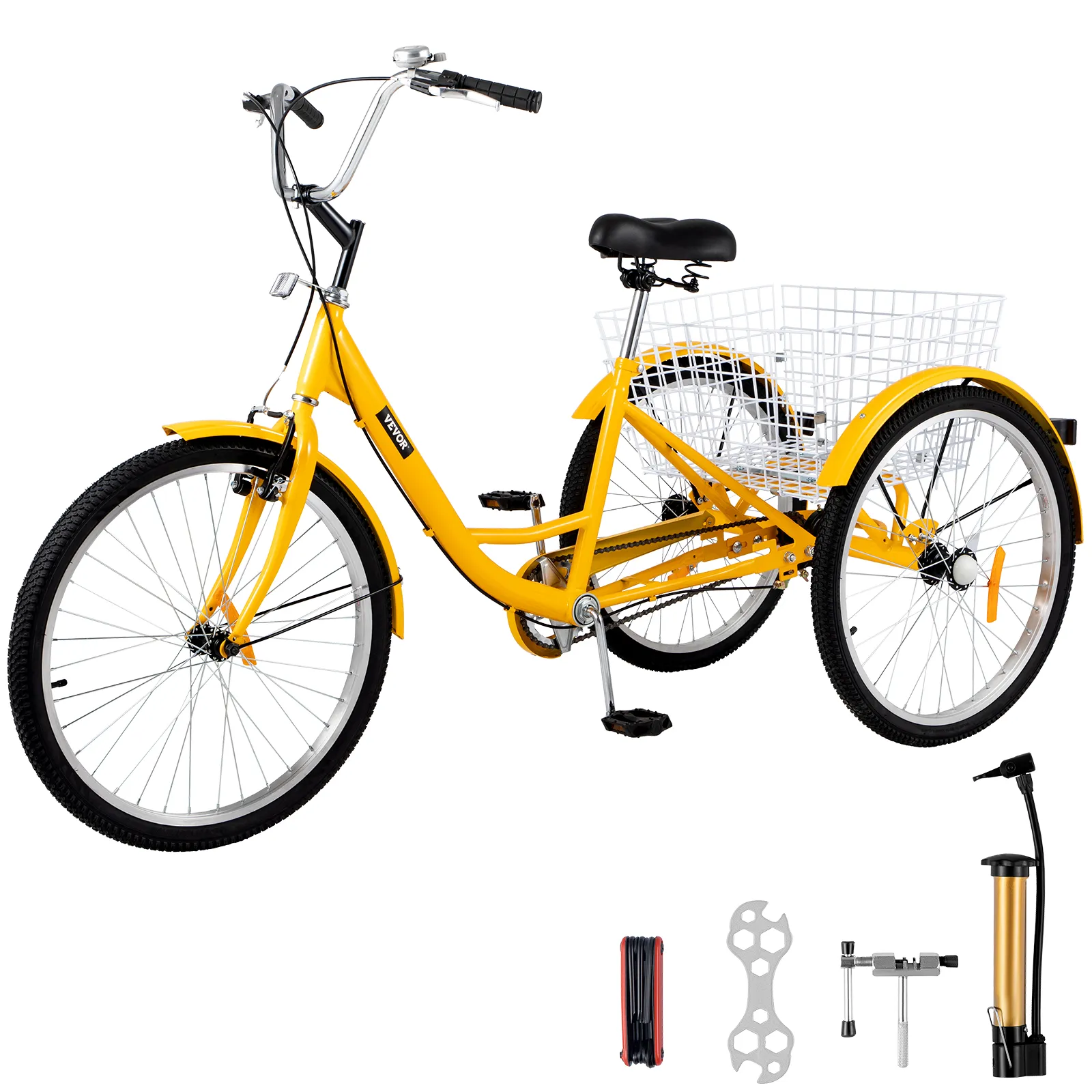 yellow VEVOR adult tricycle with rear basket and accessories including pump and tools.