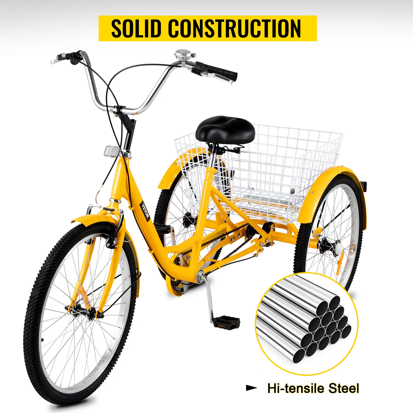 yellow VEVOR adult tricycle with large rear basket and hi-tensile steel frame.