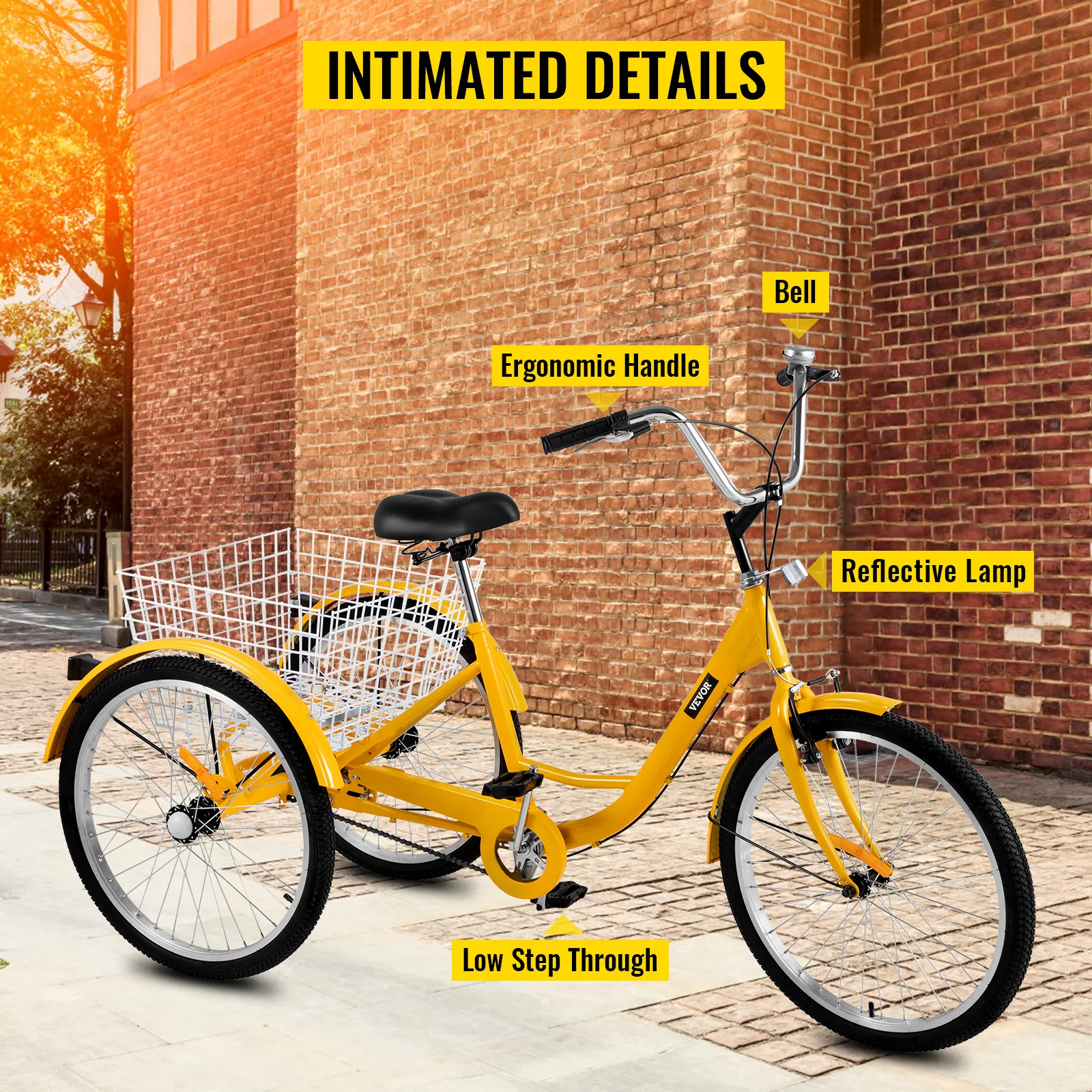 yellow VEVOR adult tricycle with basket, ergonomic handle, bell, and reflective lamp.