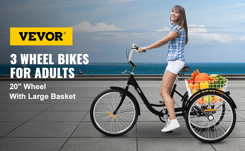 Triciclo para adultos VEVOR con ruedas de 20" y cesta grande, perfecto para llevar la compra.