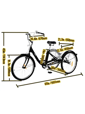 Triciclo para adultos VEVOR de color negro con medidas etiquetadas, incluye cesta y tres ruedas.