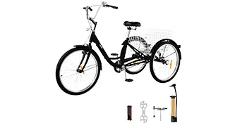 Triciclo VEVOR negro para adultos con cesta trasera, bomba y herramientas de reparación.