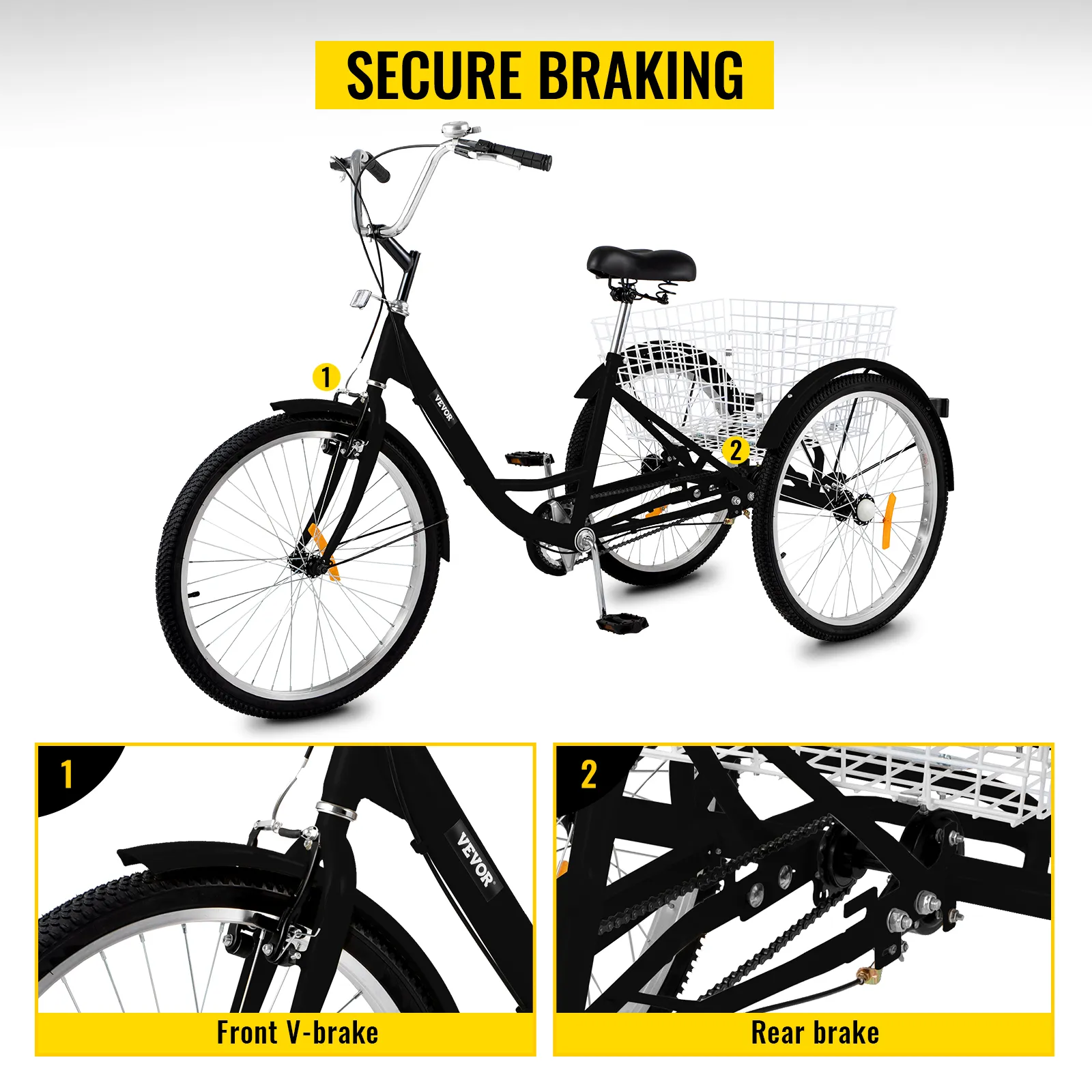 Triciclo para adultos VEVOR con sistema de frenado seguro, dispone de freno V-brake delantero y freno trasero.