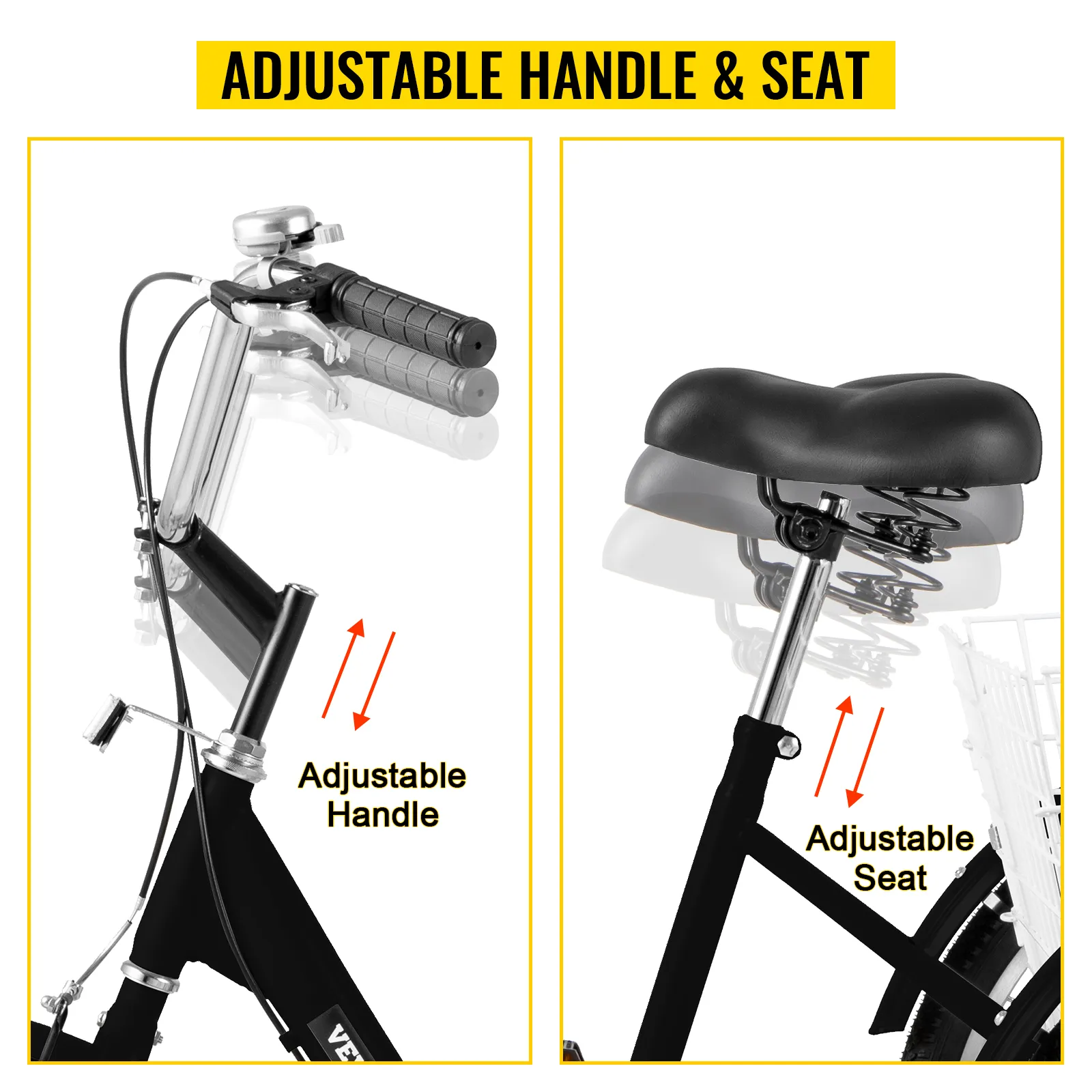 Manillar y asiento ajustables en triciclo para adultos VEVOR para mayor comodidad y personalización.