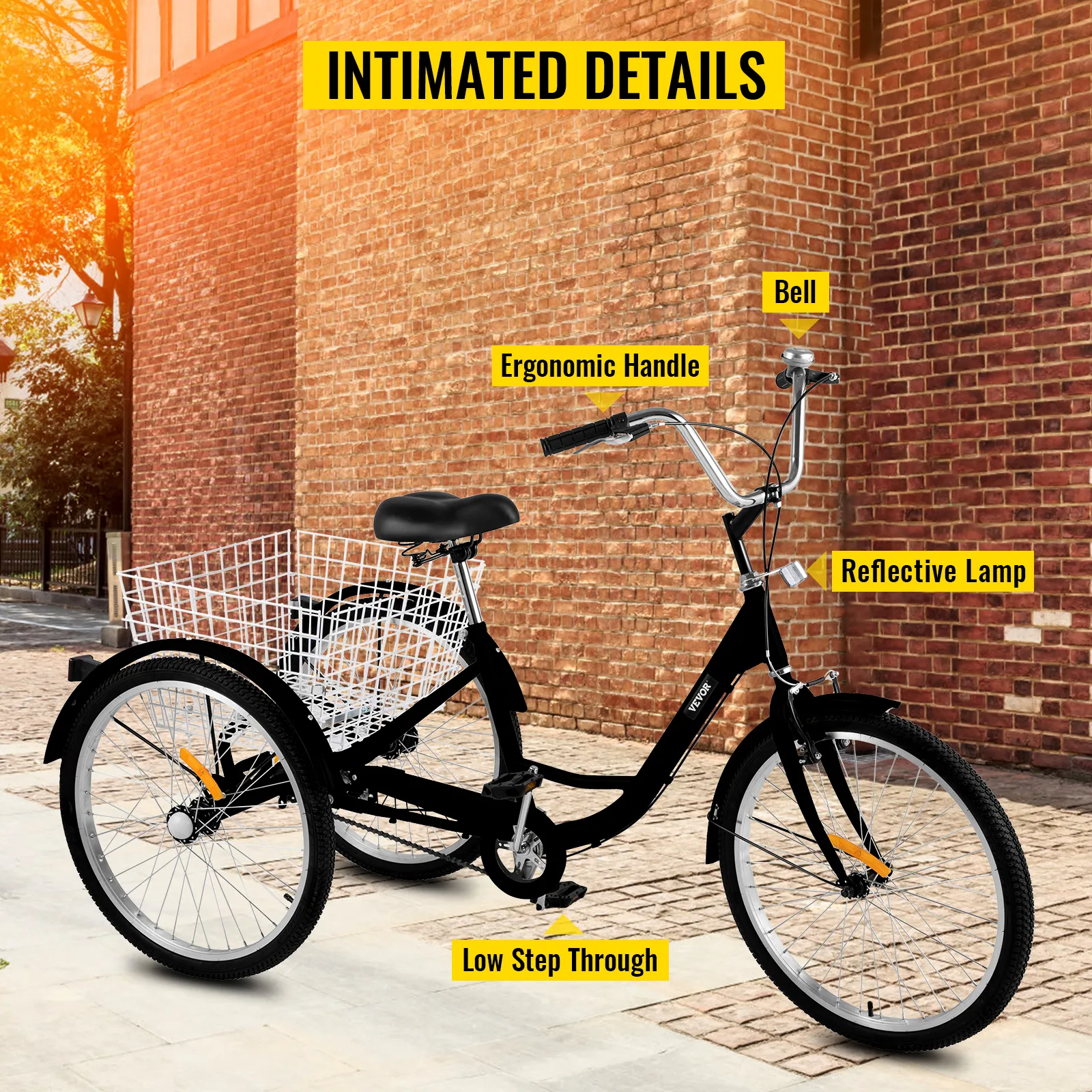 Triciclo para adultos VEVOR contra pared de ladrillos con mango ergonómico, timbre y lámpara reflectante.