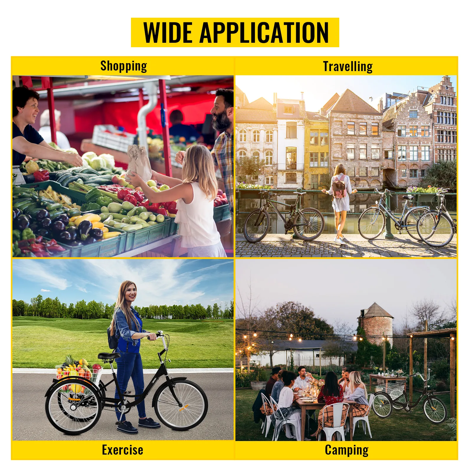 Triciclo para adultos VEVOR utilizado para ir de compras, viajar, hacer ejercicio y acampar.