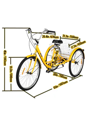 yellow VEVOR adult tricycle with wire basket and key measurements in millimeters.