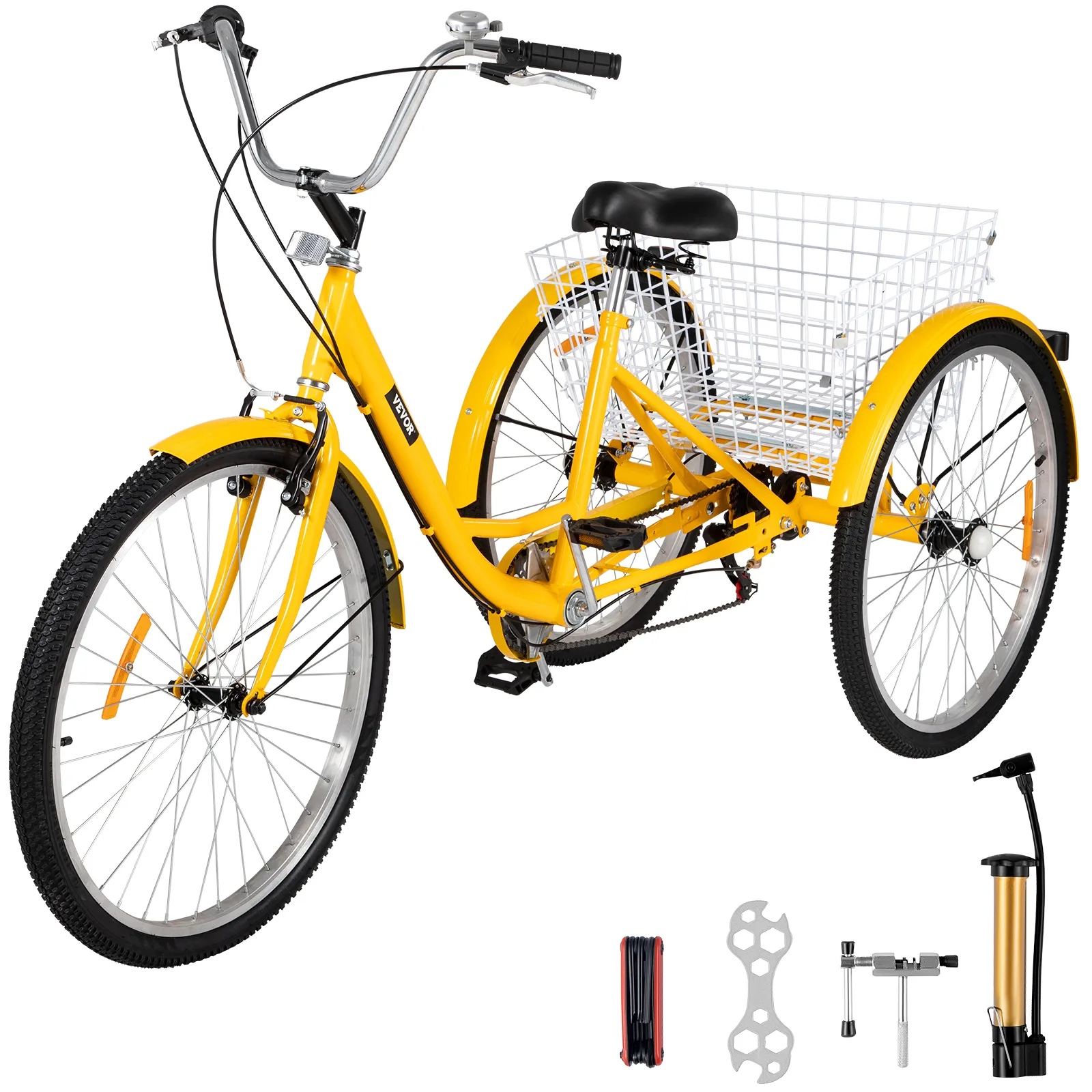 yellow VEVOR adult tricycle with rear cargo basket and included tools.