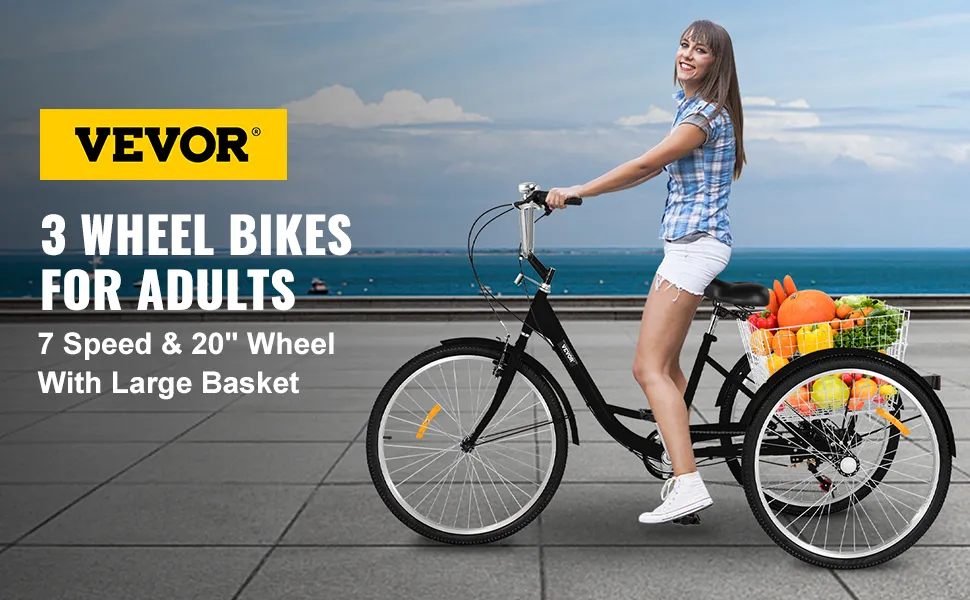 Triciclo para adultos VEVOR con cesta grande, 7 velocidades, ruedas de 20", fondo costero.