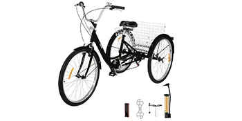 Triciclo para adultos VEVOR negro con cesta trasera y herramientas de reparación y bomba incluidas.