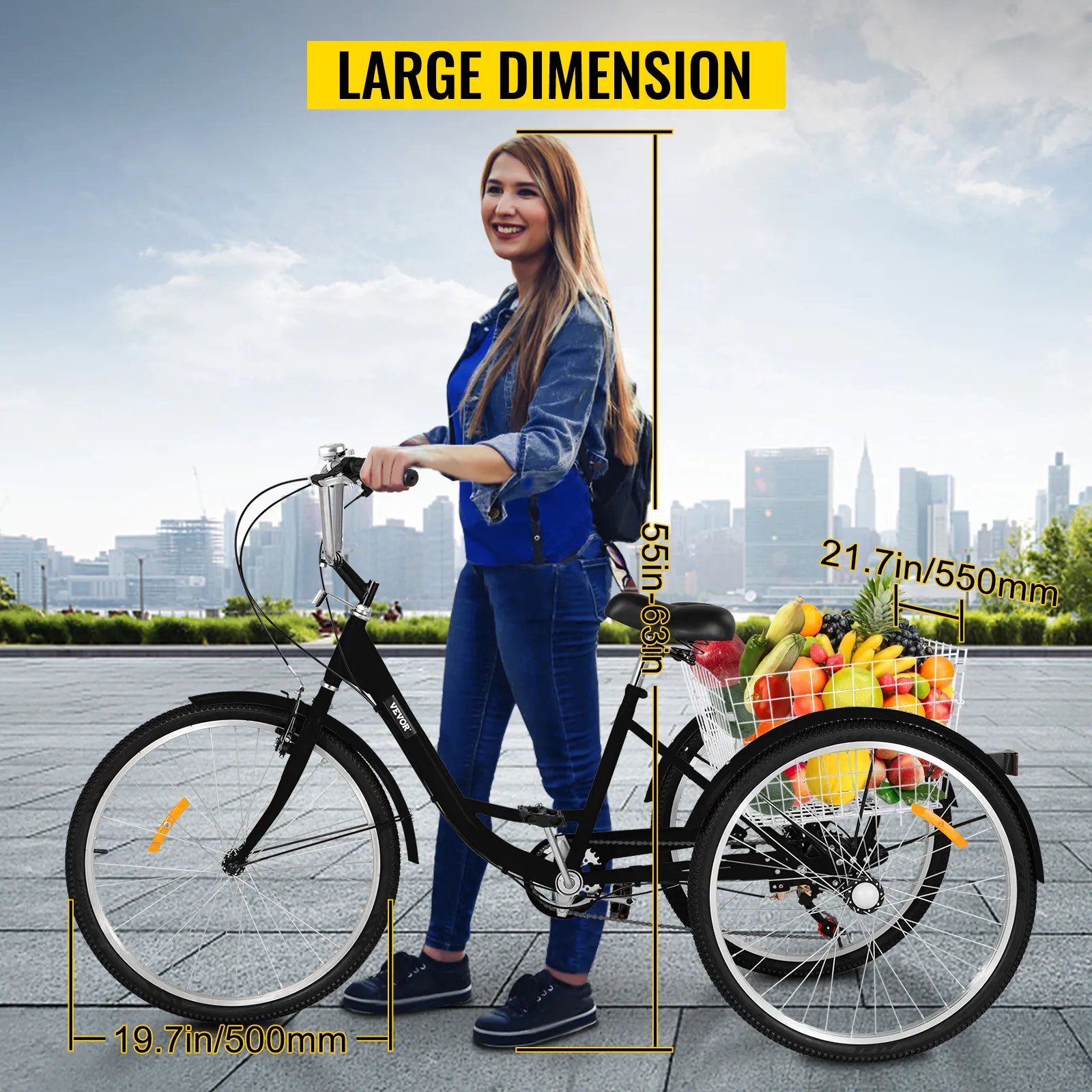 Triciclo VEVOR para adultos de grandes dimensiones y cesta repleta de frutas.
