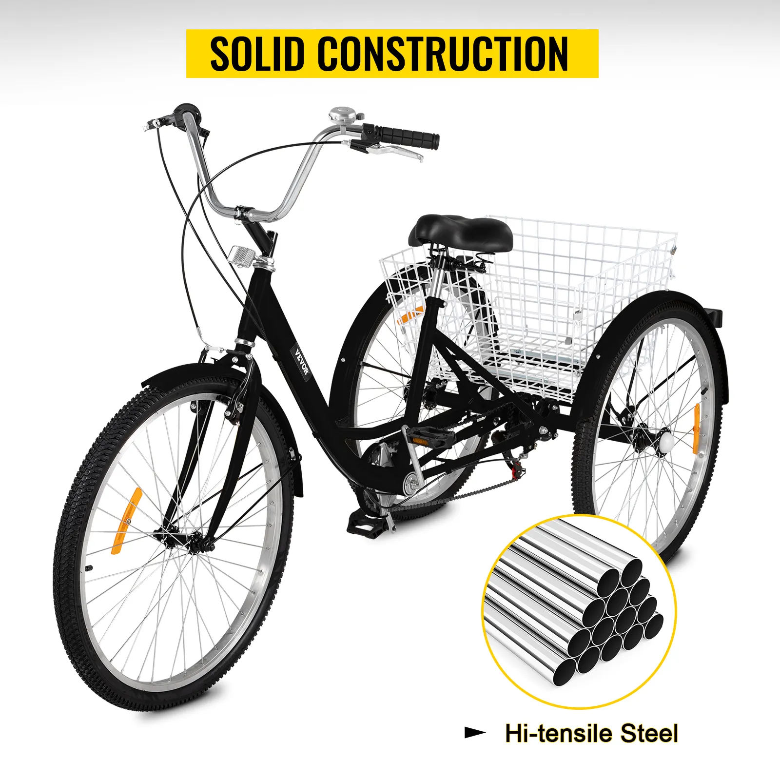 Triciclo para adultos VEVOR con marco de acero de alta resistencia y cesta de carga trasera.