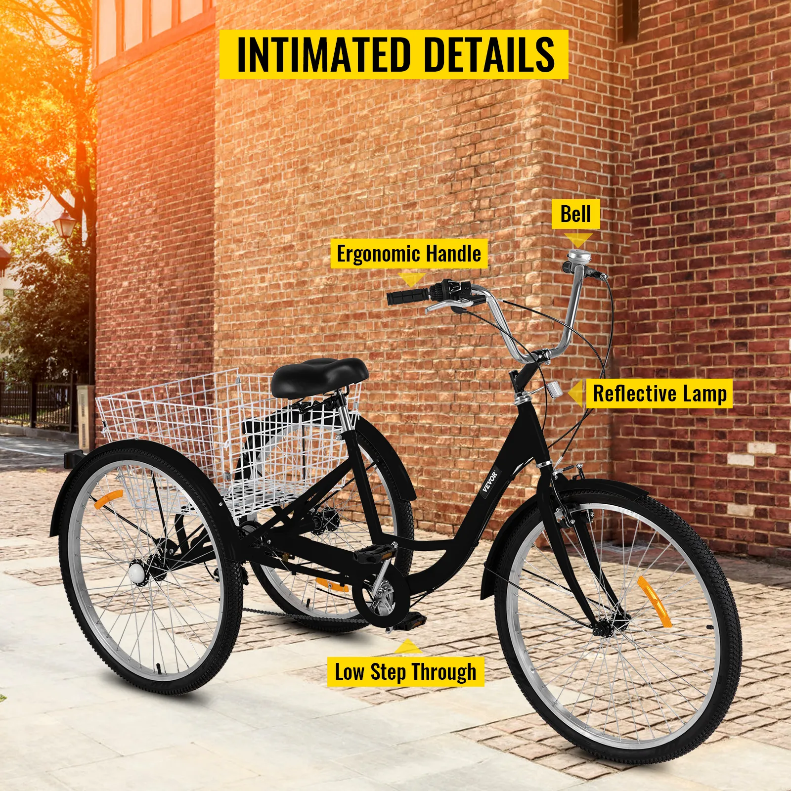 Triciclo para adultos VEVOR con cesta grande, manillar ergonómico, timbre y luz reflectante.