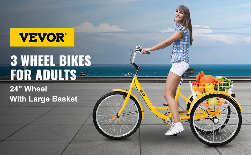 Triciclo para adultos VEVOR amarillo con rueda de 24" y cesta grande junto al mar.