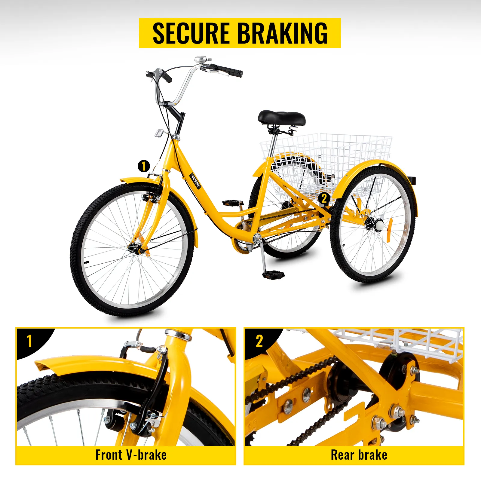 Triciclo para adultos VEVOR amarillo con freno V-brake delantero y freno trasero para un frenado seguro.