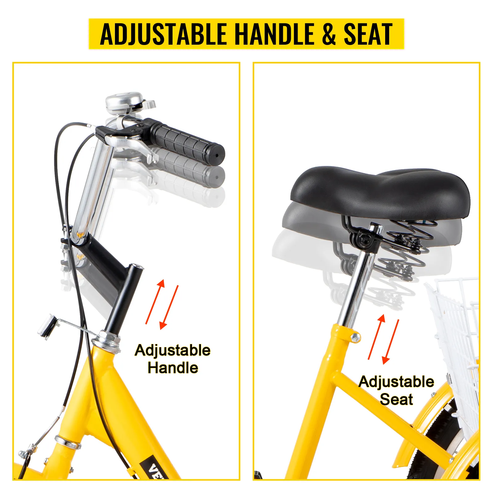 Triciclo VEVOR amarillo para adultos con manillar y asiento ajustables.
