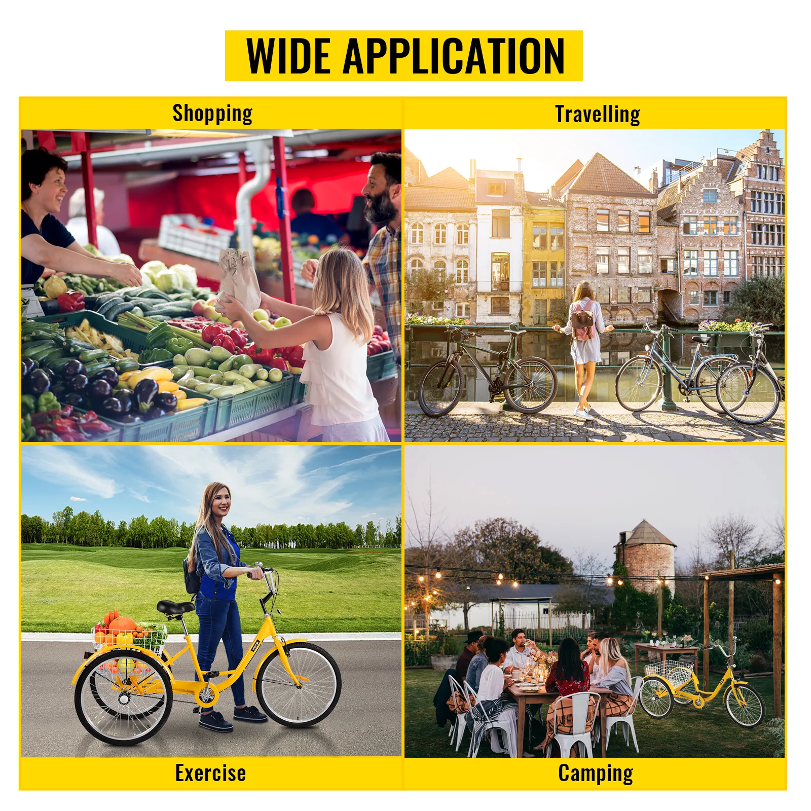 Triciclo amarillo VEVOR para adultos, ideal para ir de compras, viajar, hacer ejercicio y acampar.