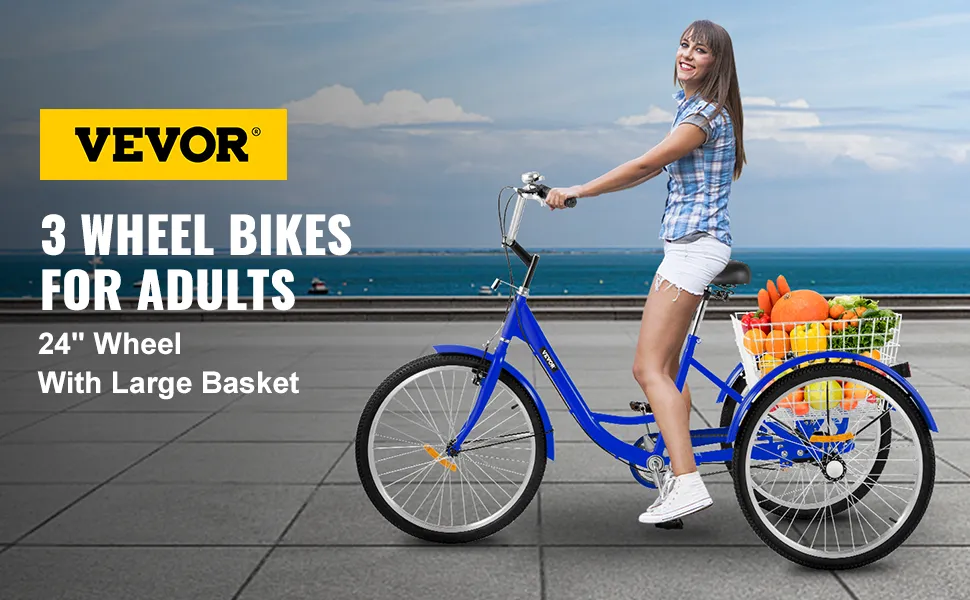VEVOR adult tricycle with 24" wheels and a large basket, perfect for beachside rides.