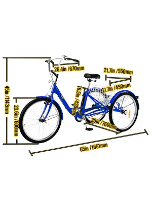 blue VEVOR adult tricycle with measurements for frame, wheels, and handlebars.