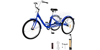blue VEVOR adult tricycle with rear basket, tools, and air pump.