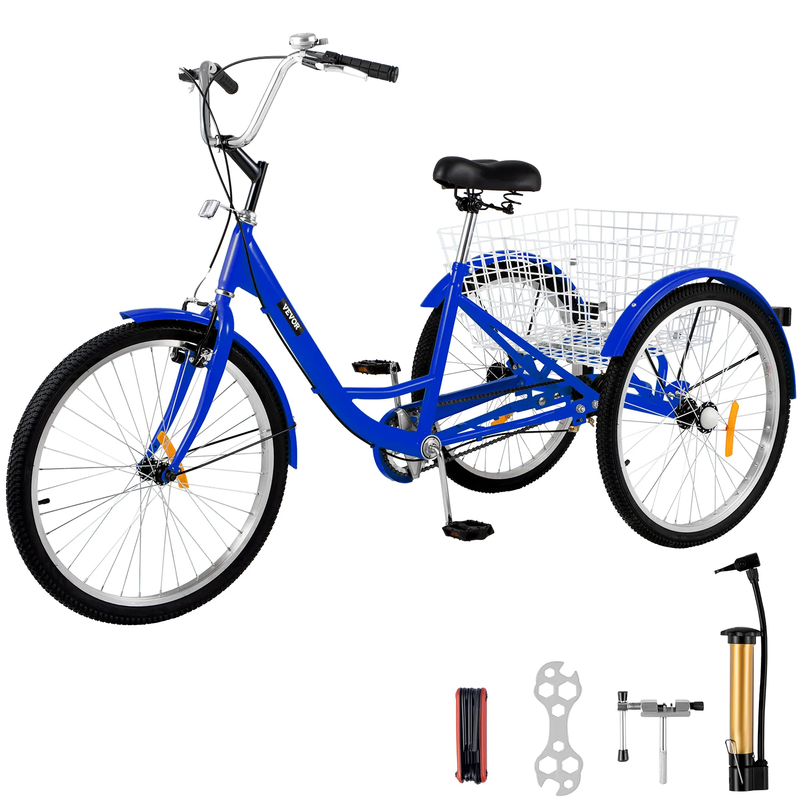 blue VEVOR adult tricycle with rear basket, toolset, and pump included.