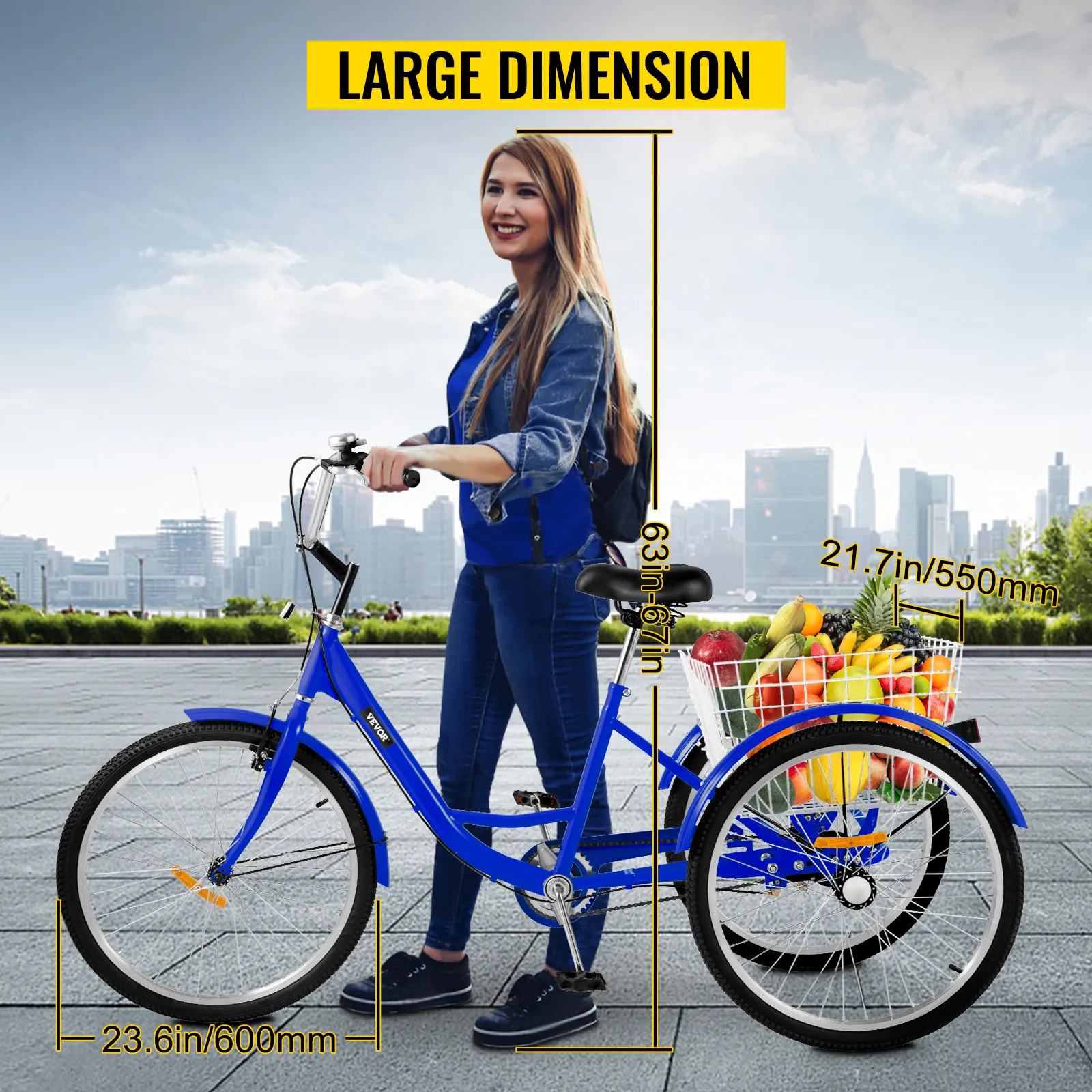 VEVOR adult tricycle, large blue frame with basket full of fruits, city background.