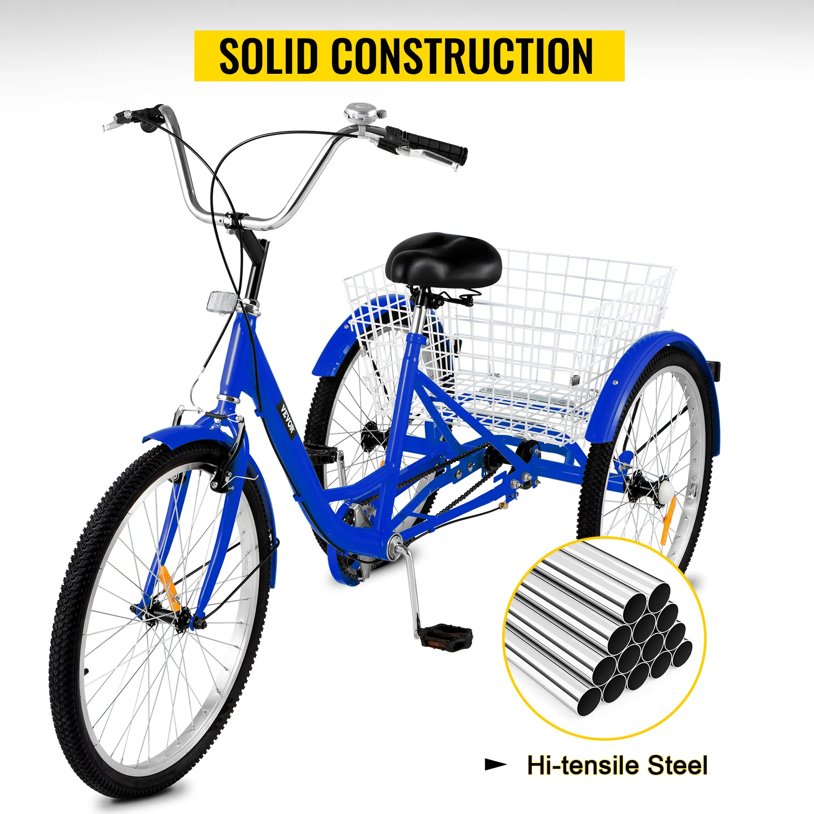 VEVOR adult tricycle in blue with a large rear basket and hi-tensile steel frame.