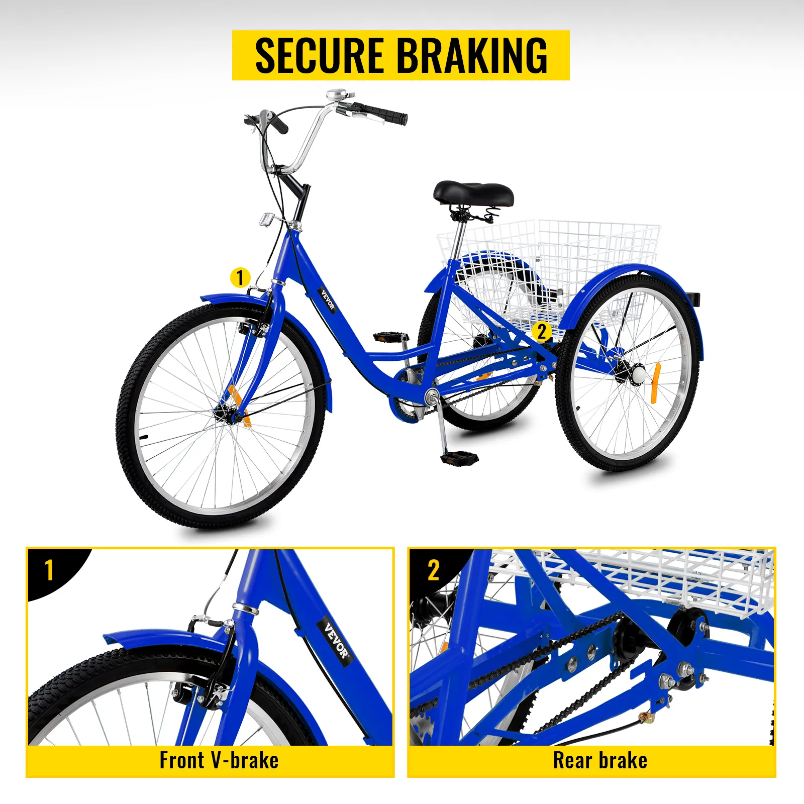VEVOR adult tricycle in blue with front v-brake and rear brake for secure braking.