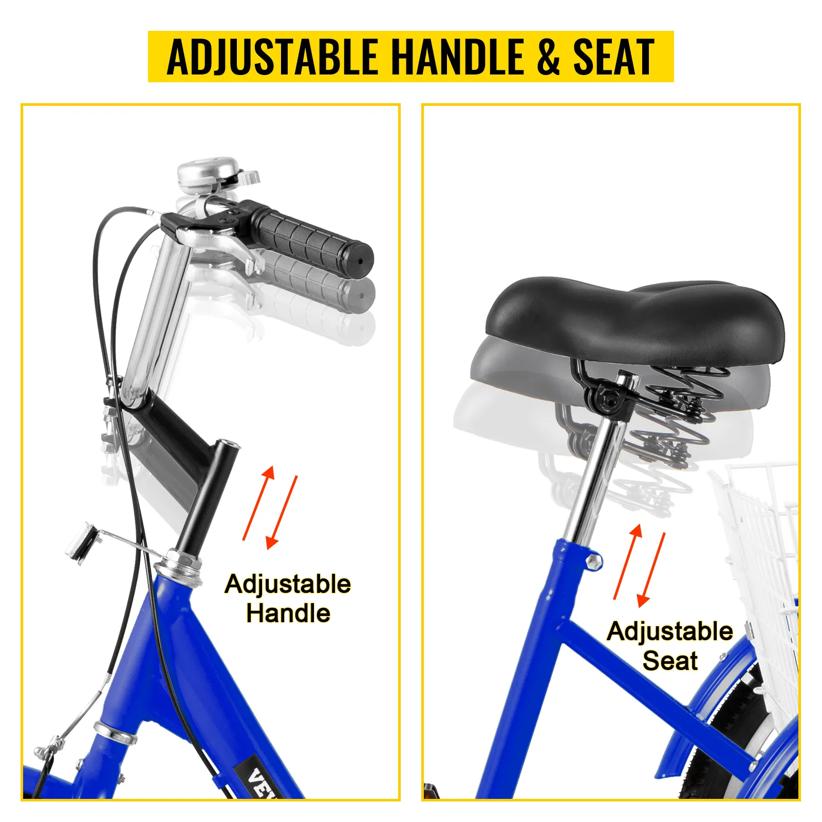 VEVOR adult tricycle with adjustable handle and seat features in blue.