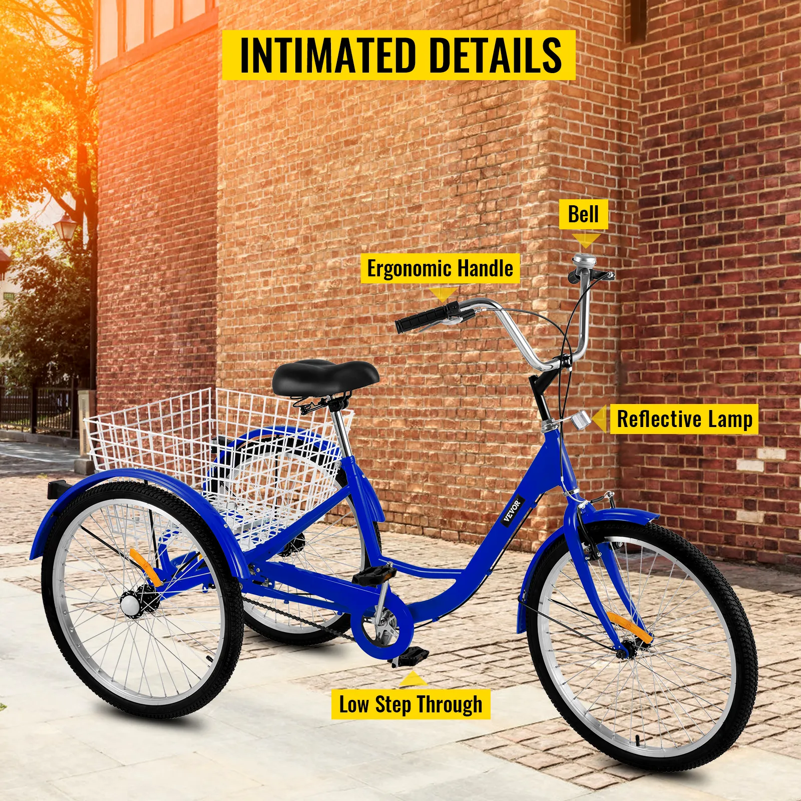 blue VEVOR adult tricycle with ergonomic handle, bell, reflective lamp, and low step through.