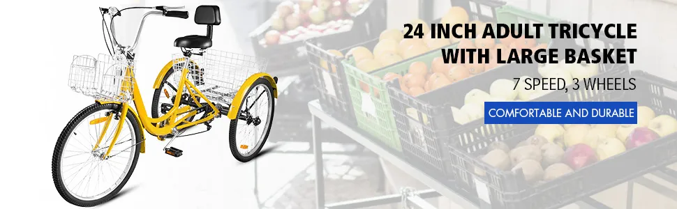 VEVOR adult tricycle 24-inch with large basket, 7-speed, comfortable and durable.