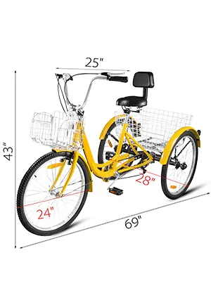 yellow VEVOR adult tricycle with basket, backrest, and dimensions labeled.