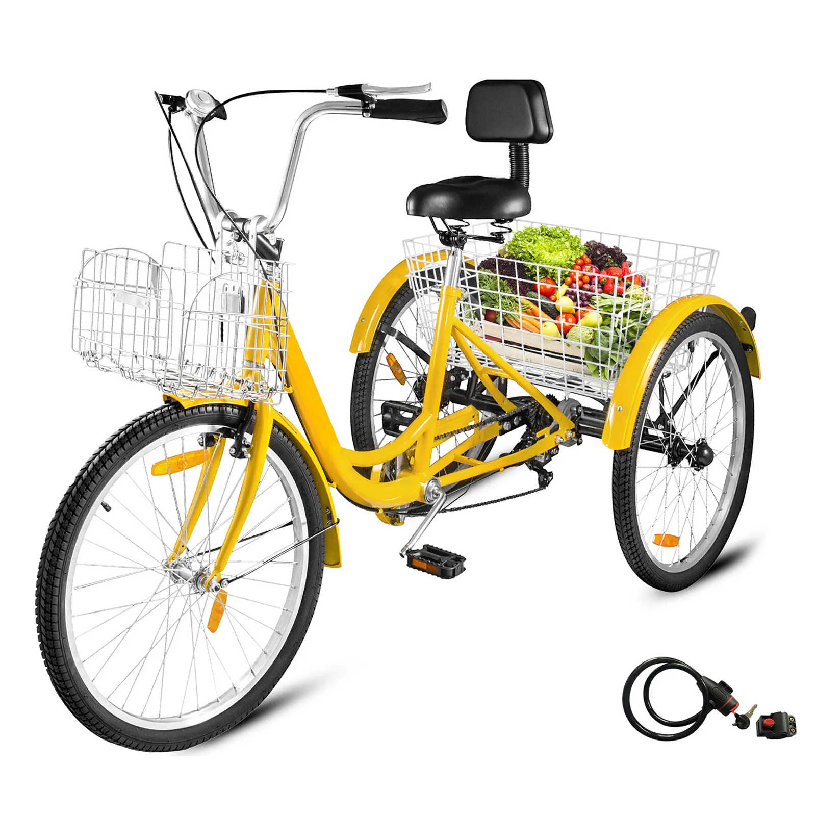 yellow VEVOR adult tricycle with basket full of groceries and an included bike lock.