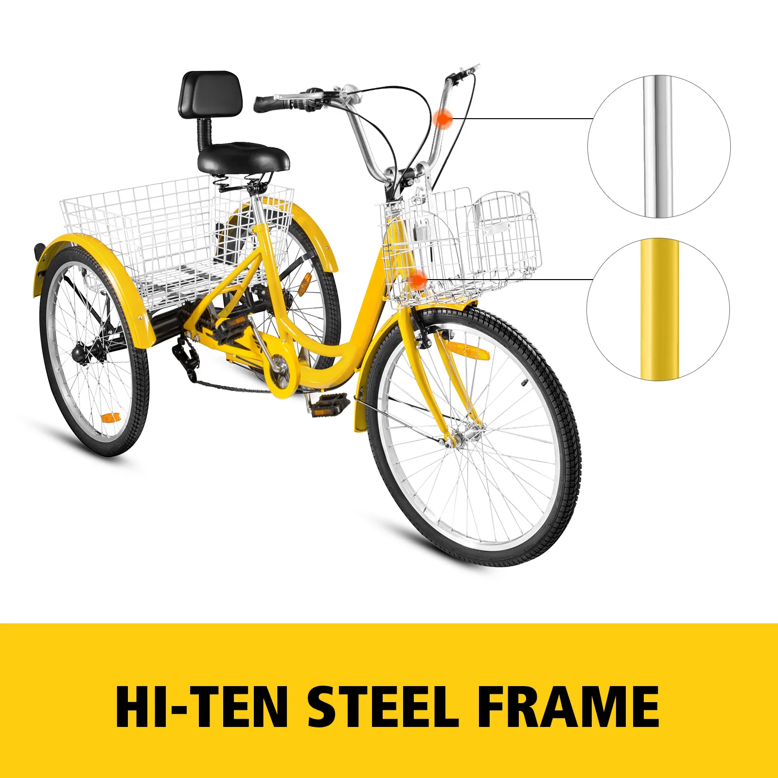 yellow VEVOR adult tricycle with hi-ten steel frame, front and rear baskets.