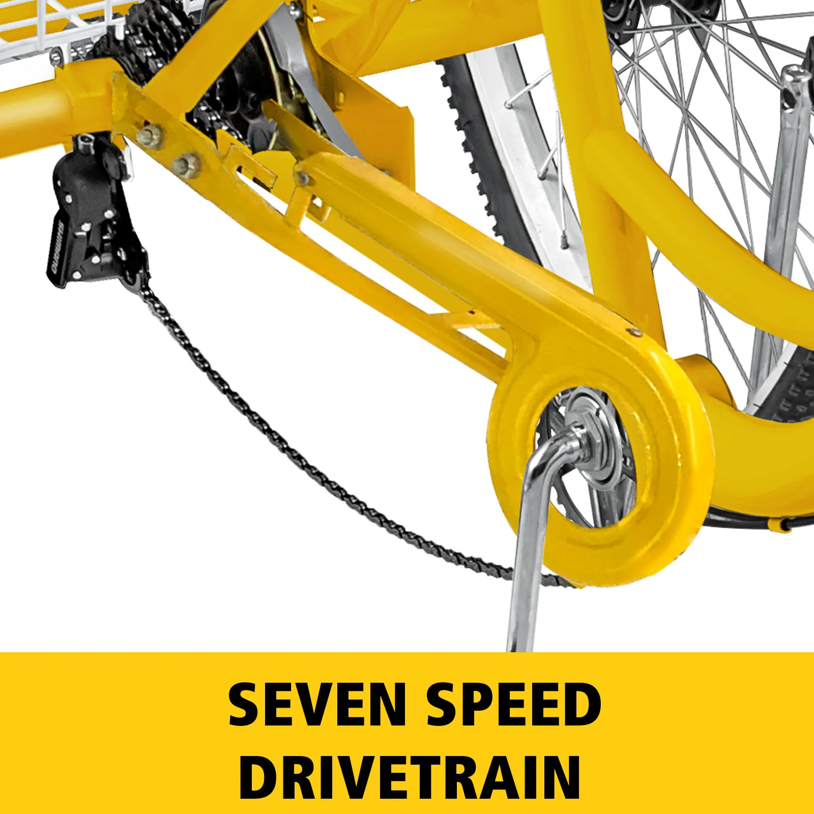 VEVOR adult tricycle with seven-speed drivetrain in yellow.