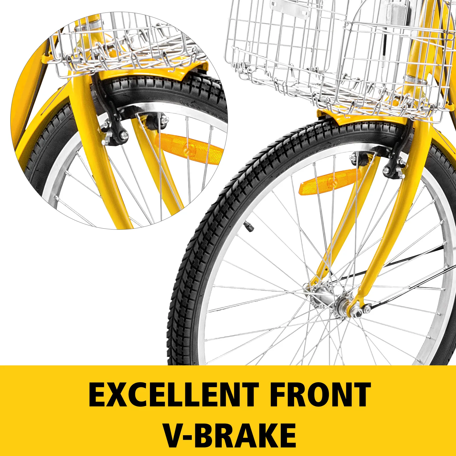 VEVOR adult tricycle front wheel with excellent v-brake and sturdy basket.