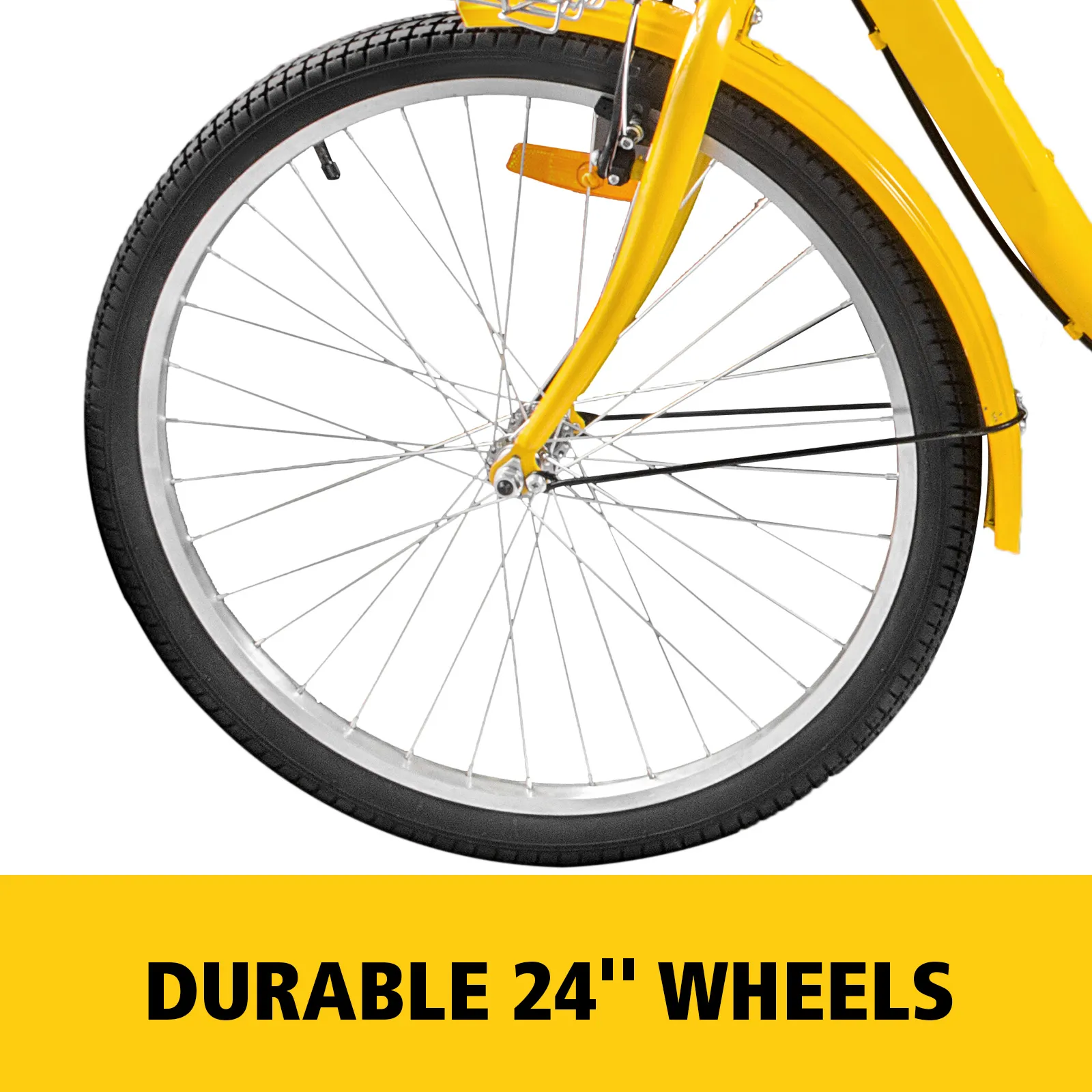 yellow VEVOR adult tricycle showcasing durable 24" wheels.