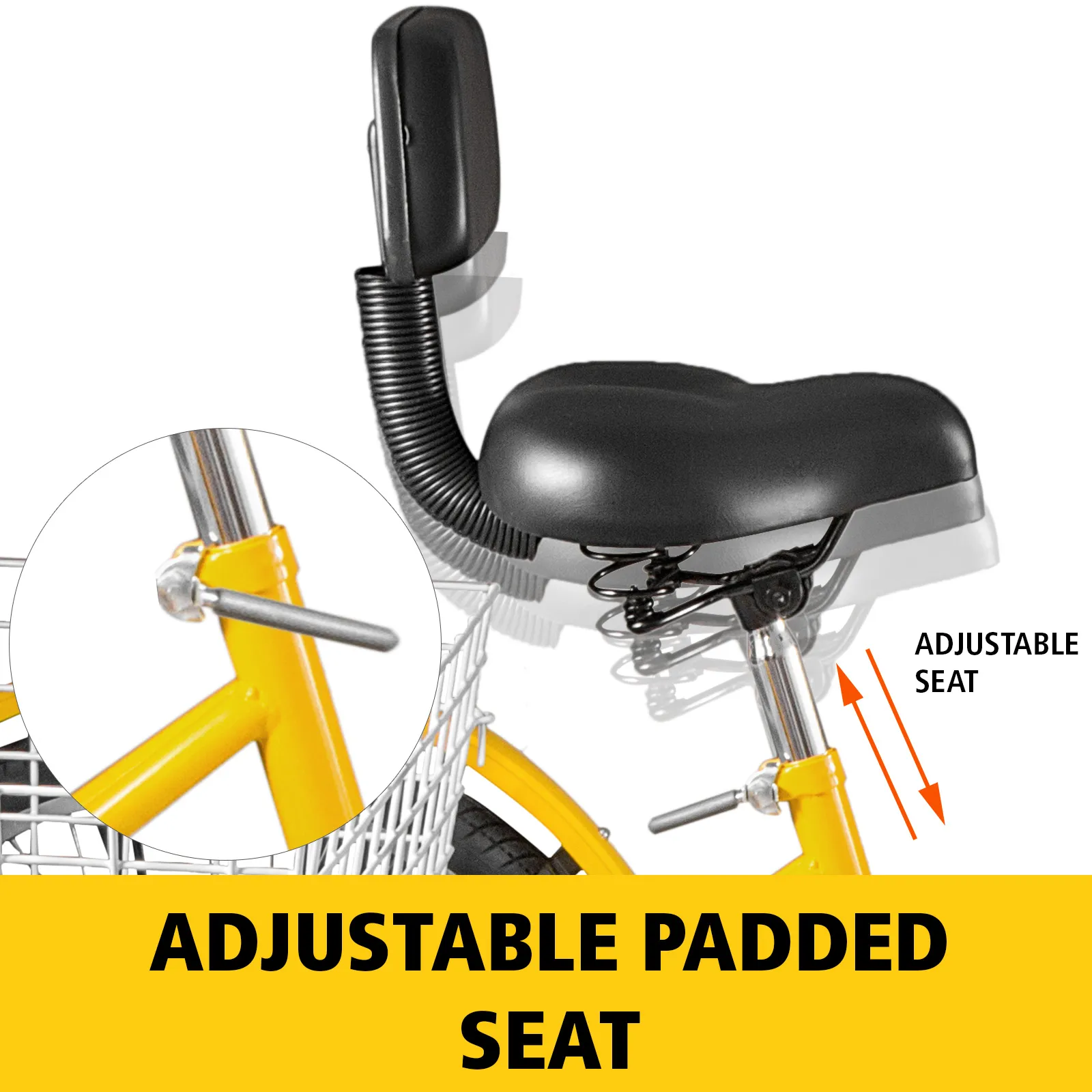 VEVOR adult tricycle with adjustable padded seat and rear basket.