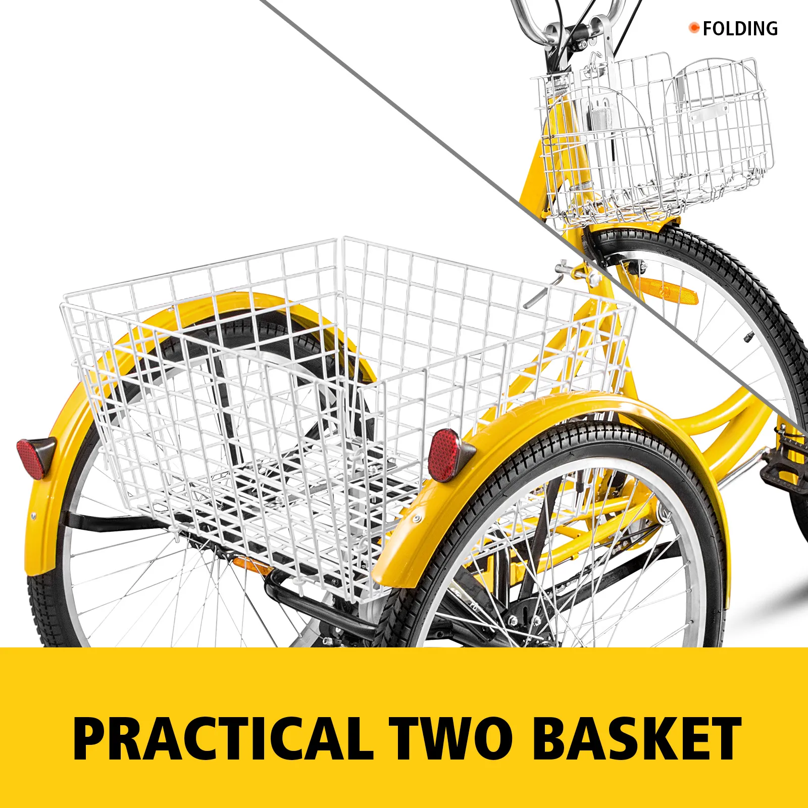 yellow VEVOR adult tricycle with two practical baskets.