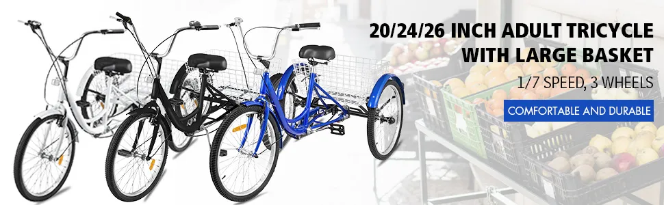 Triciclo para adultos VEVOR con cesta grande, disponible en tamaños de 20/24/26 pulgadas.