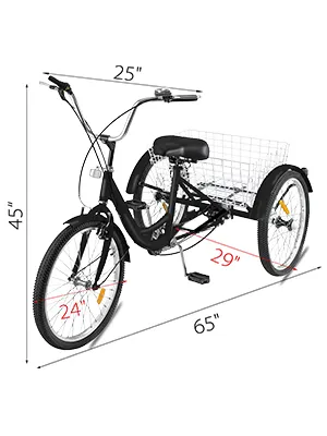Triciclo para adultos VEVOR con cuadro negro, cesta trasera y medidas etiquetadas.