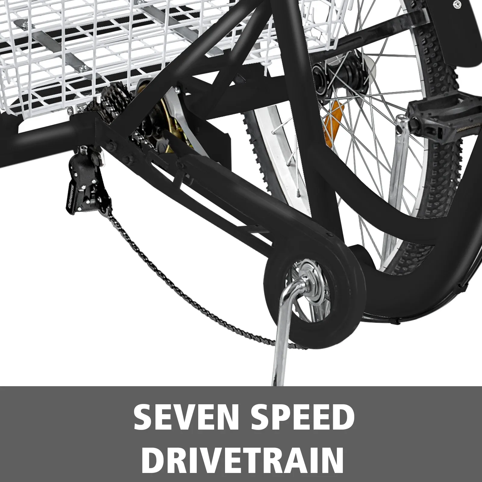 Triciclo para adultos VEVOR con transmisión de siete velocidades y canasta de carga trasera.