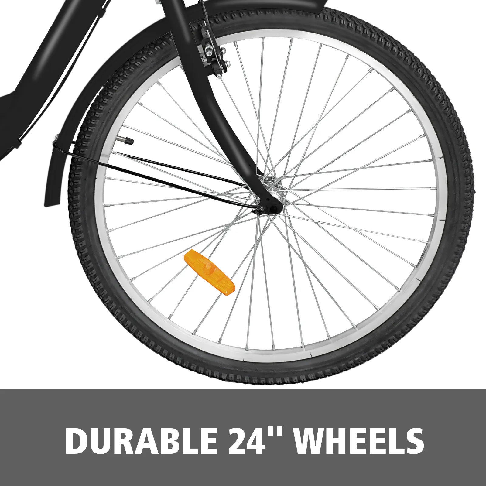 Triciclo para adultos VEVOR con ruedas duraderas de 24" y luz naranja reflectante.