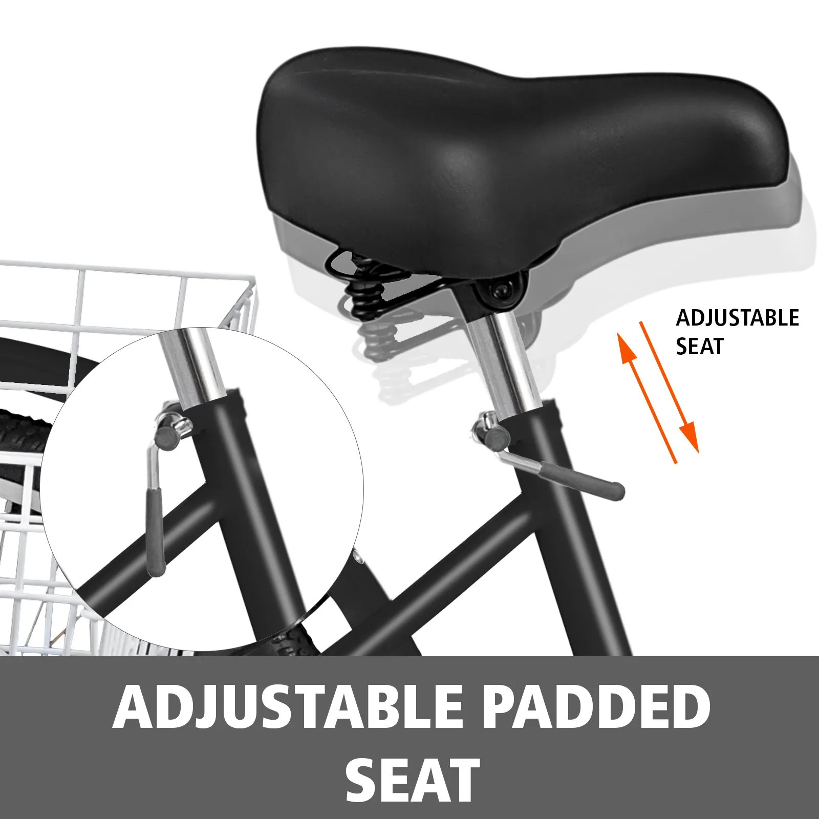Asiento acolchado ajustable de triciclo para adultos VEVOR con flechas que muestran el mecanismo de ajuste.